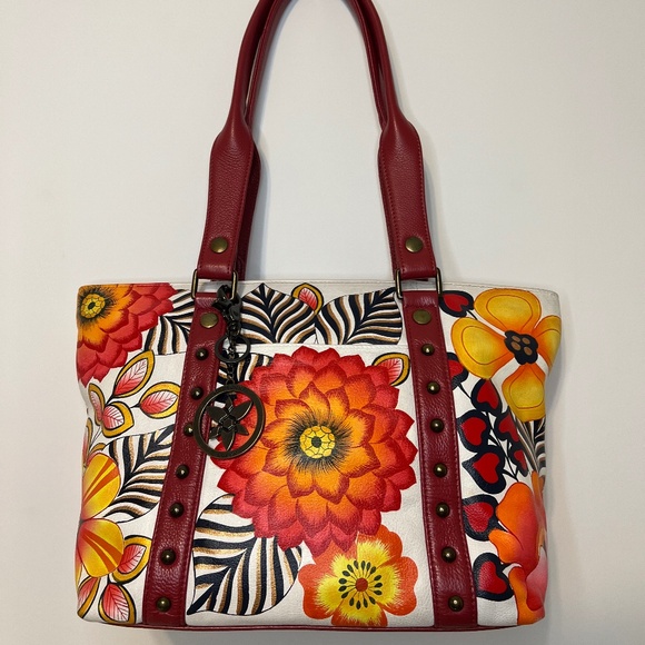 ANUSCHKA Purse Hand Painted Floral Flowers Leather Large Colourful Handbag - Picture 2 of 16